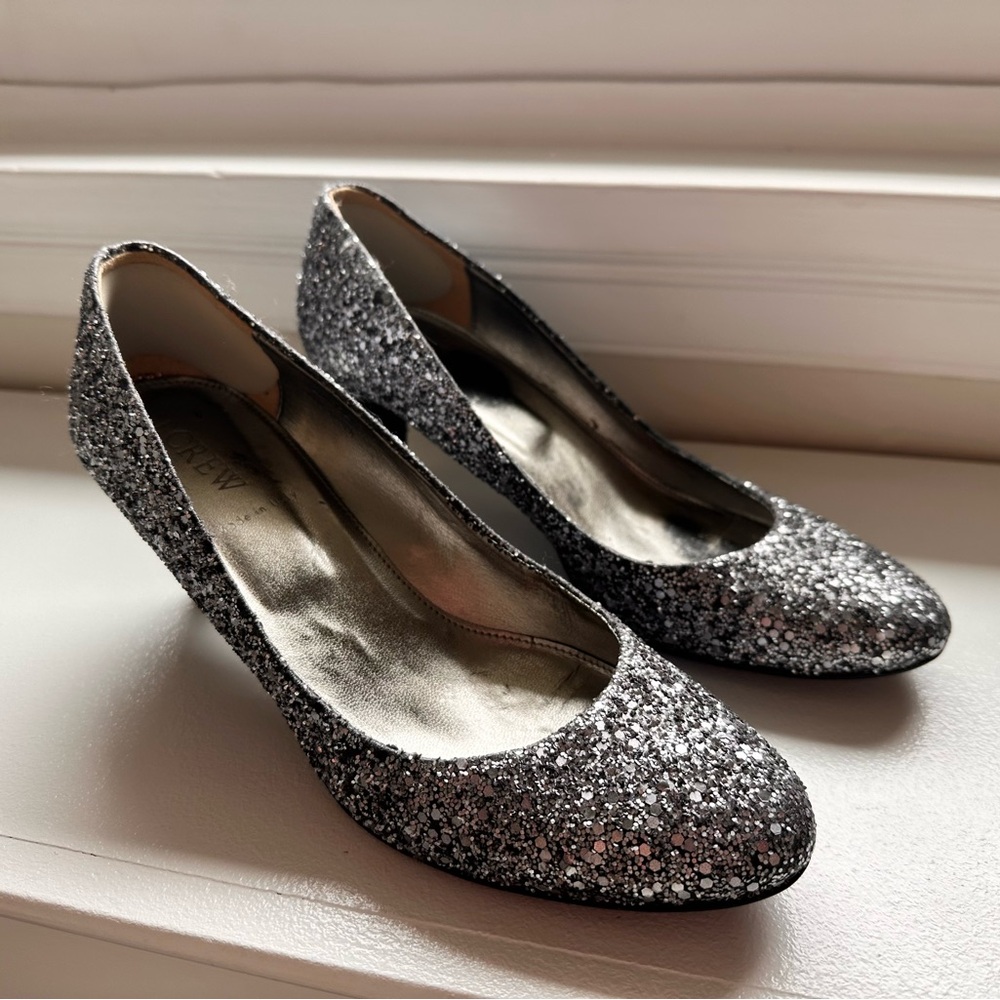 J. Crew Starlight Sylvia silver glitter heels